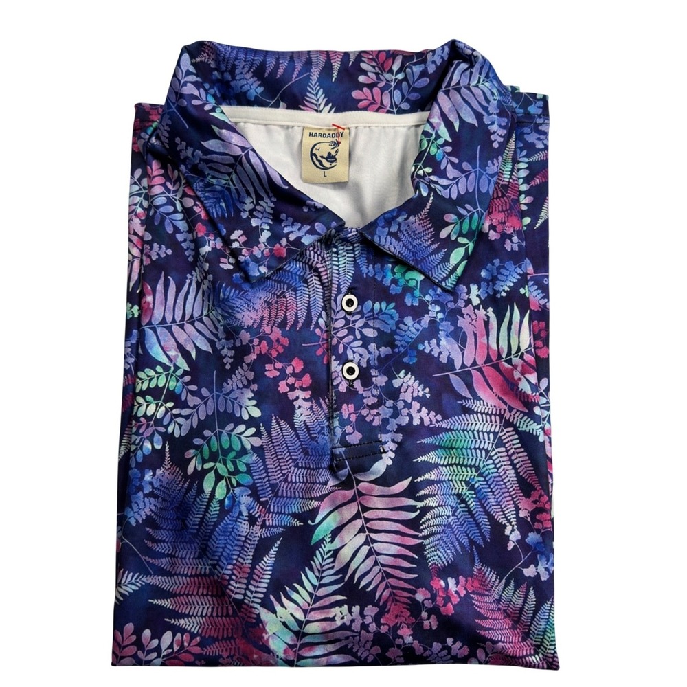 Hardaddy Polo Shirt Mens Large Purple Blue Fern Floral Print Polyester Spandex L